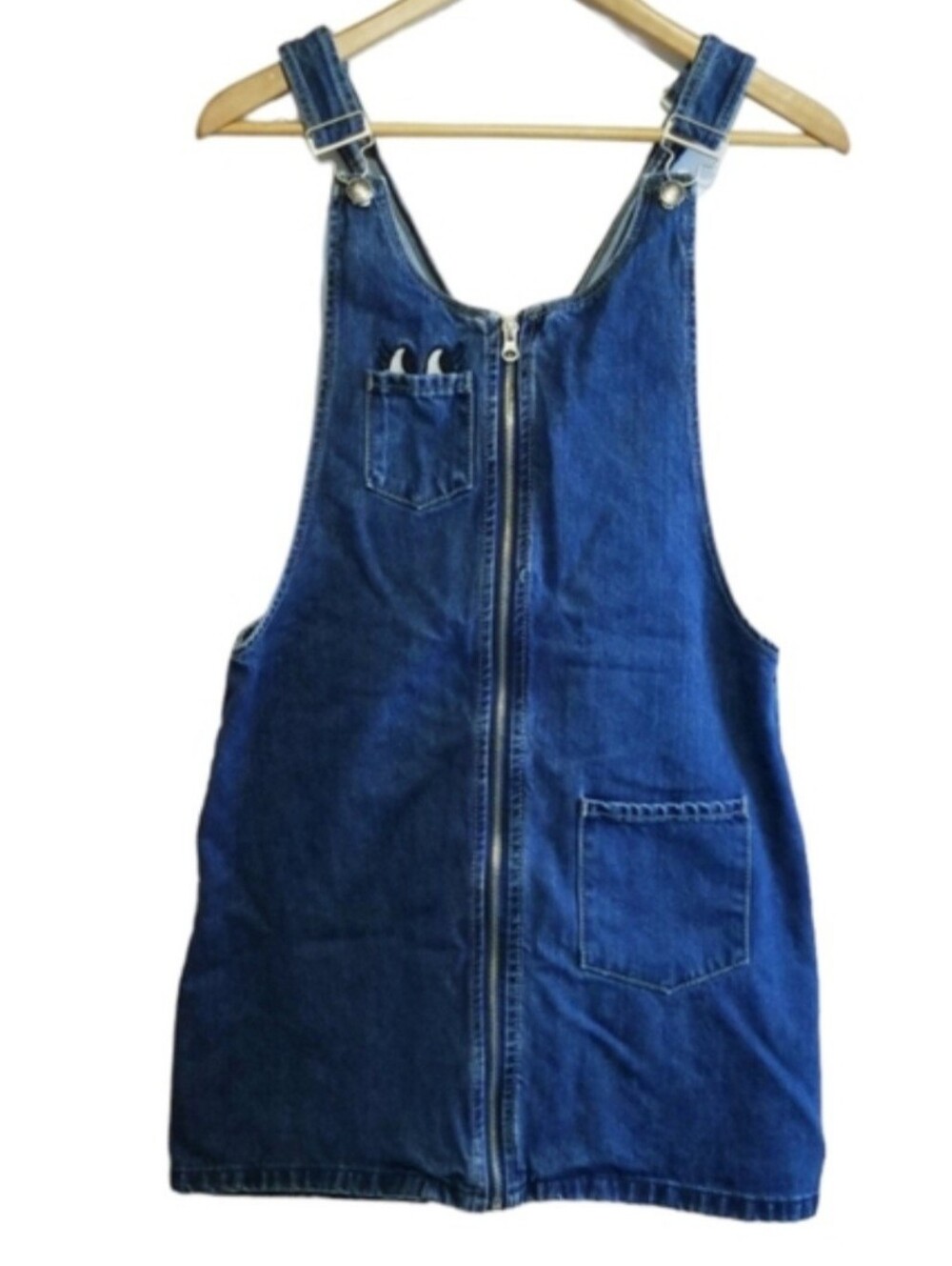 Forever 21 Dark Blue Denim Zip-Front Bib Overall Dress Embroidered Googly Eyes